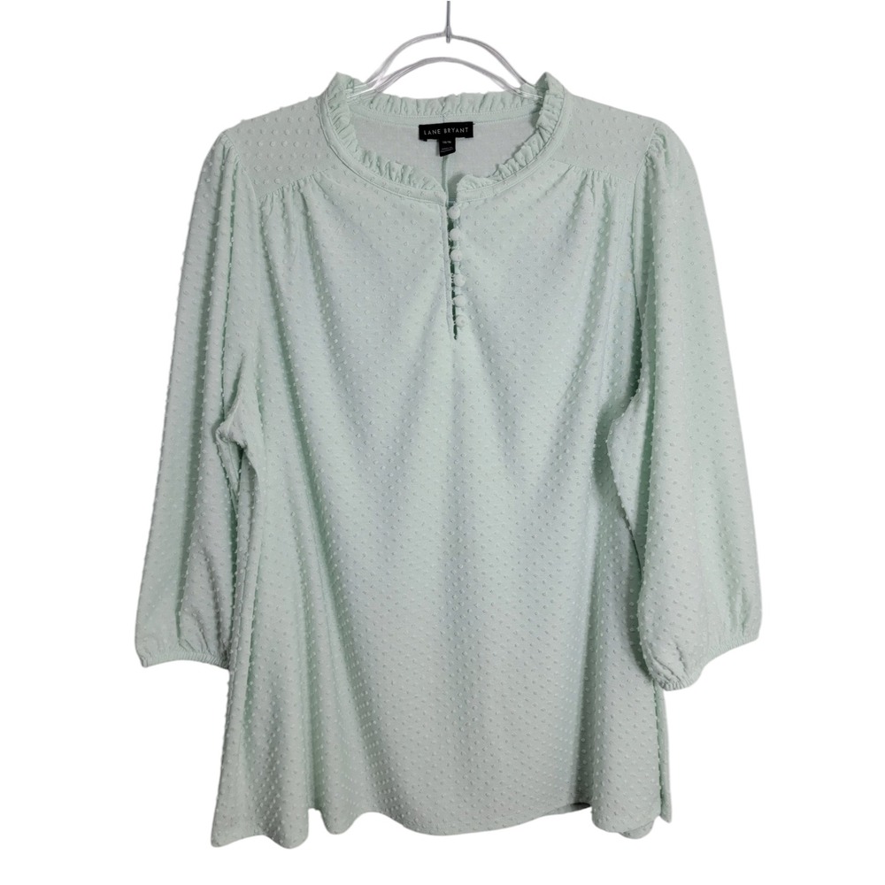 Lane Bryant Womens 14/16 Blouse Mint Green Swiss Dot Ruffle Neck 3/4 Sleeve